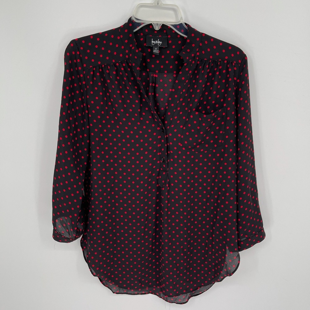By & By Women's Red Polka Dot Roll Tab Sleeve Blouse Size Medium